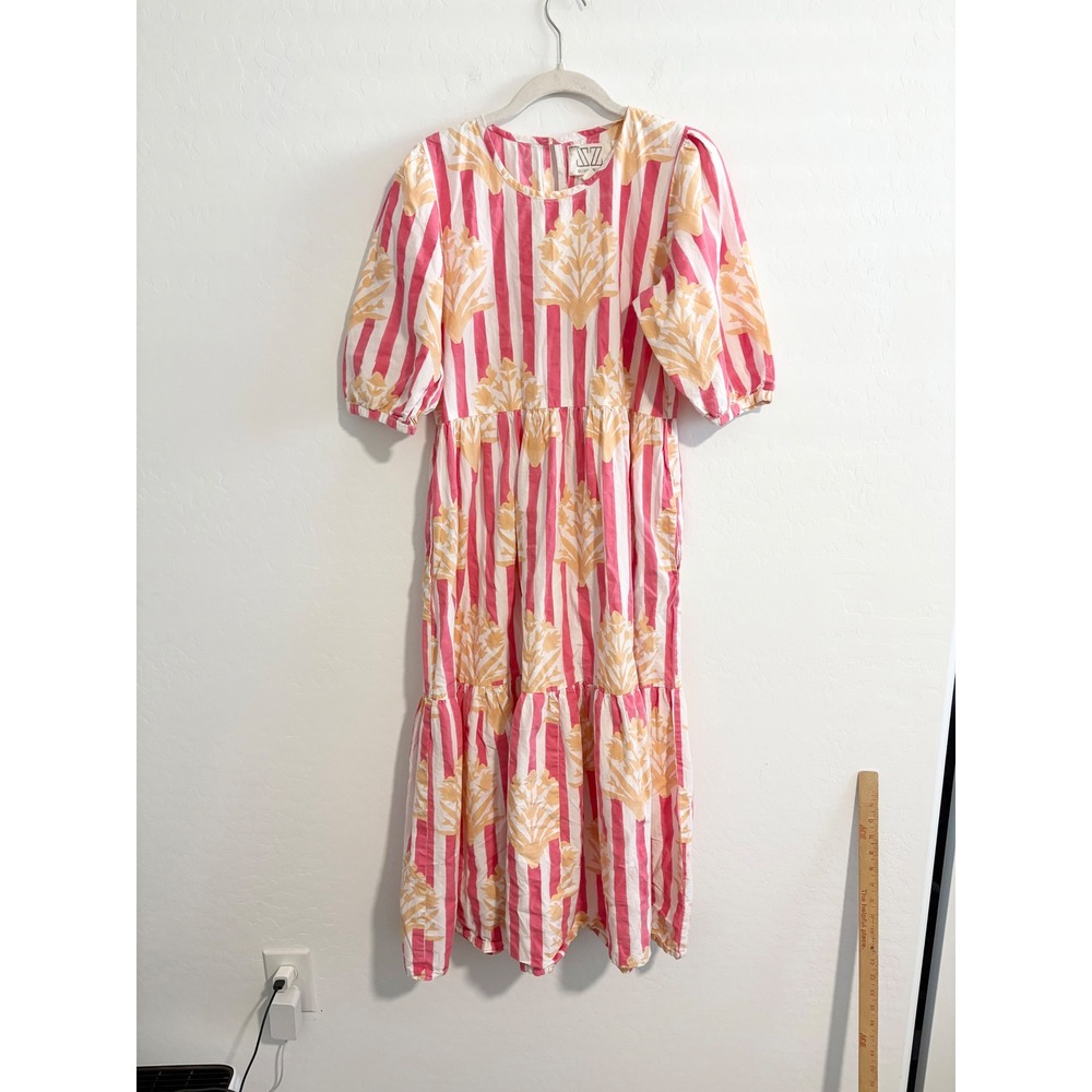 SZ Blockprints Gaia Tiered‎ Midi Dress Pink White Striped Floral Cotton Medium - Picture 2 of 9